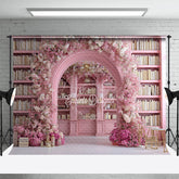 Aperturee - Aperturee Pink Library Photography Backdrop with Floral Arch Bookshelf and Cherry Blossoms Fairytale Wedding Background