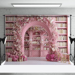 Aperturee - Aperturee Pink Library Photography Backdrop with Floral Arch Bookshelf and Cherry Blossoms Fairytale Wedding Background