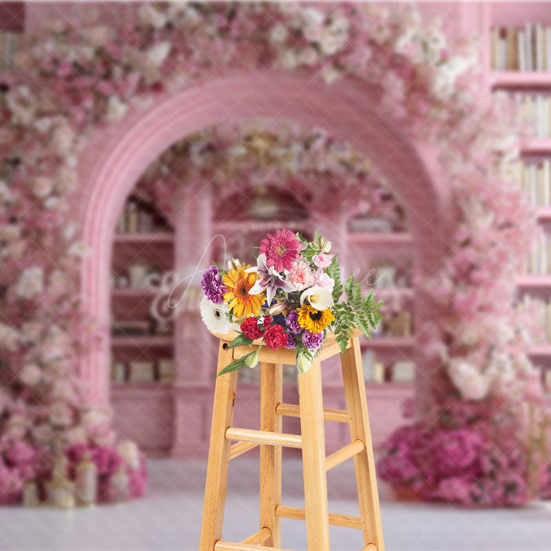 Aperturee - Aperturee Pink Library Photography Backdrop with Floral Arch Bookshelf and Cherry Blossoms Fairytale Wedding Background