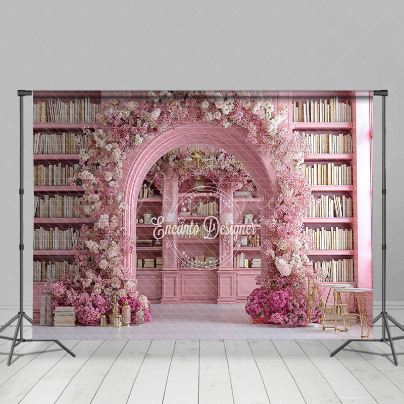 Aperturee - Aperturee Pink Library Photography Backdrop with Floral Arch Bookshelf and Cherry Blossoms Fairytale Wedding Background