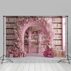 Aperturee - Aperturee Pink Library Photography Backdrop with Floral Arch Bookshelf and Cherry Blossoms Fairytale Wedding Background