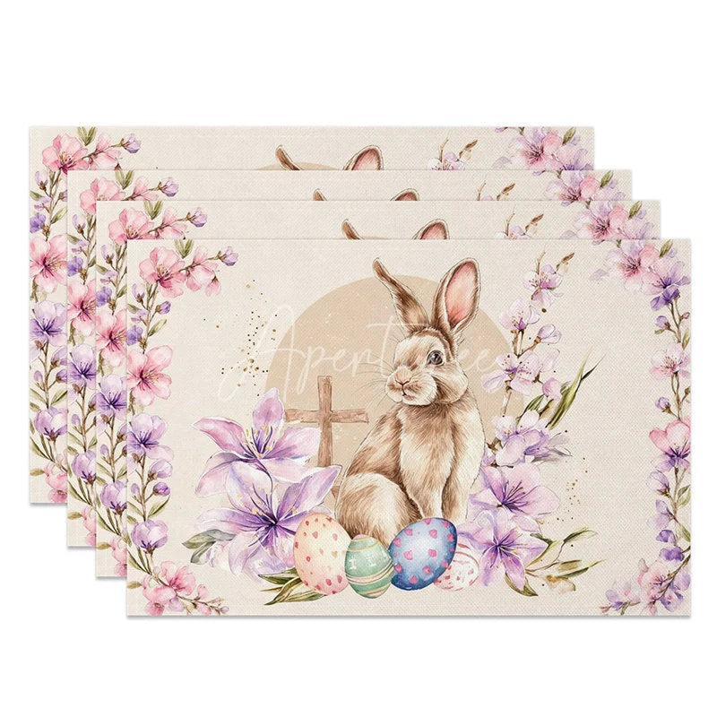 Aperturee - Aperturee Pink Lily Cross Easter Bunny Set of 4 Placemats Religious Rabbit Egg Table Mats for Spring