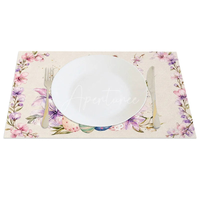 Aperturee - Aperturee Pink Lily Cross Easter Bunny Set of 4 Placemats Religious Rabbit Egg Table Mats for Spring