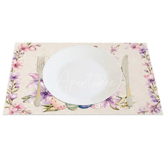Aperturee - Aperturee Pink Lily Cross Easter Bunny Set of 4 Placemats Religious Rabbit Egg Table Mats for Spring