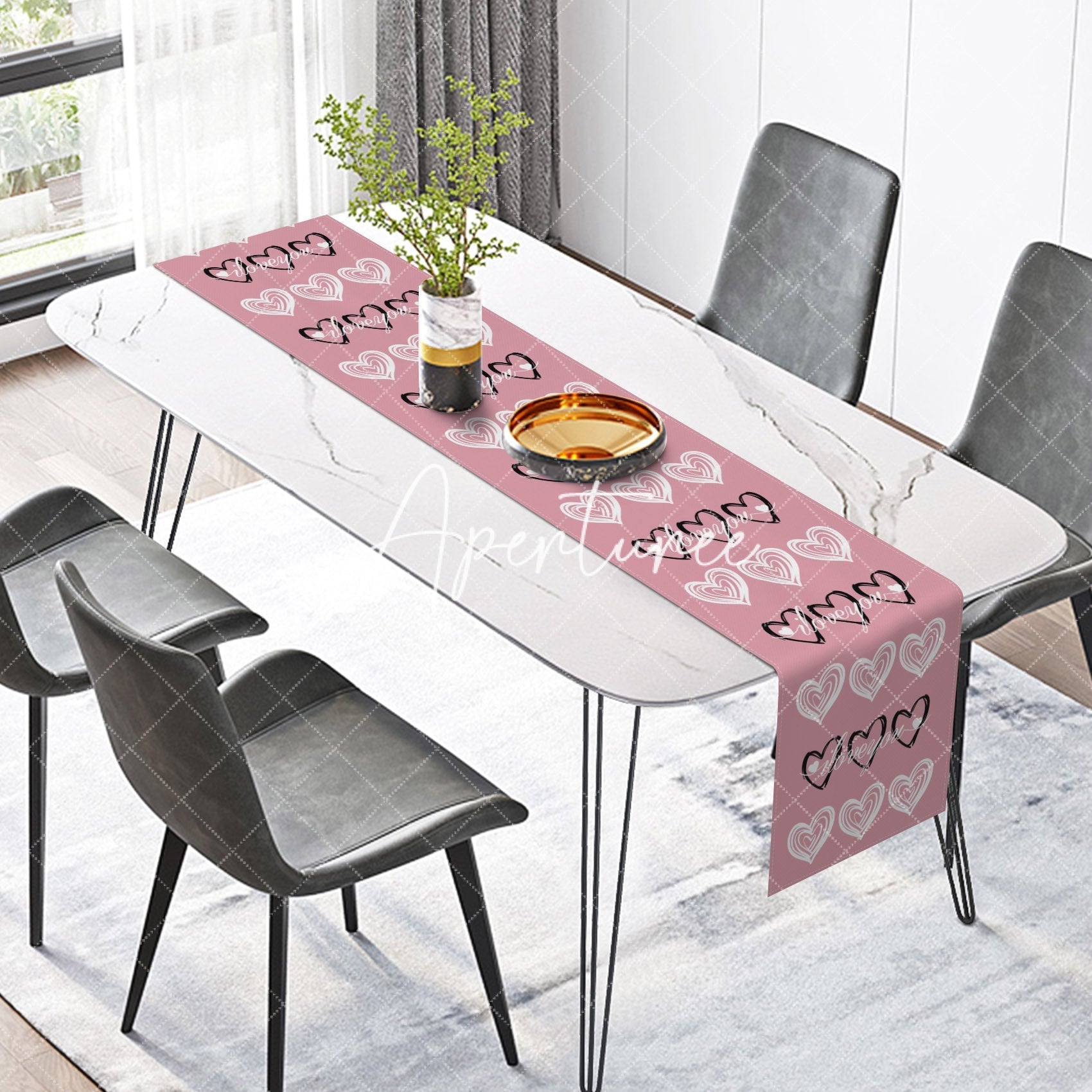 Aperturee - Aperturee Pink Loyal Love Concentric Valentines Day Table Runner