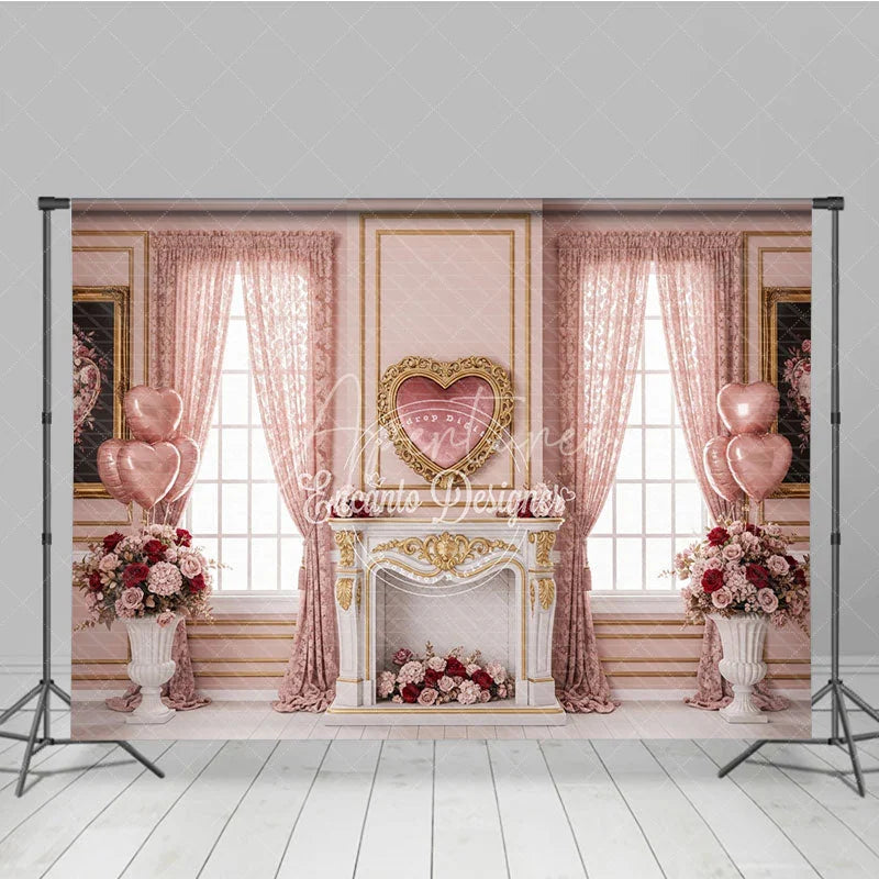 Aperturee - Aperturee Pink Luxury Interior Valentine Day Backdrop Heart Mirror Fireplace Floral Window Background Wedding Photography Studio