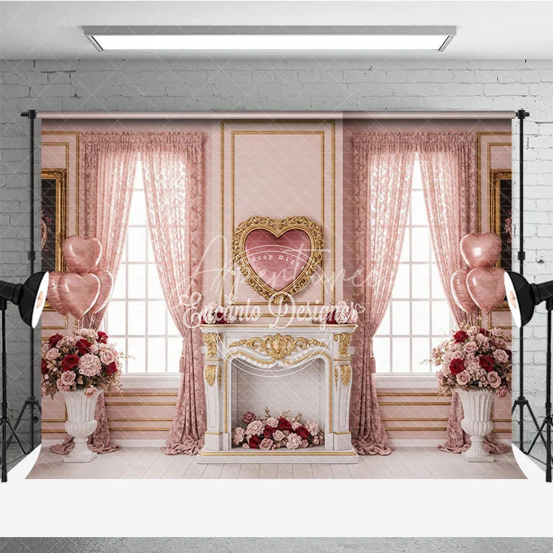 Aperturee - Aperturee Pink Luxury Interior Valentine Day Backdrop Heart Mirror Fireplace Floral Window Background Wedding Photography Studio