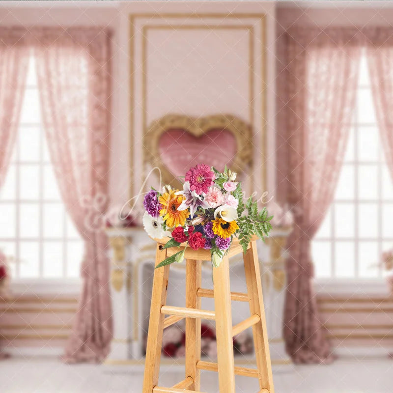 Aperturee - Aperturee Pink Luxury Interior Valentine Day Backdrop Heart Mirror Fireplace Floral Window Background Wedding Photography Studio