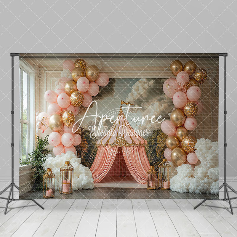 Aperturee - Aperturee Pink Luxury Tent Mural Balloons Cake Smash Backdrop