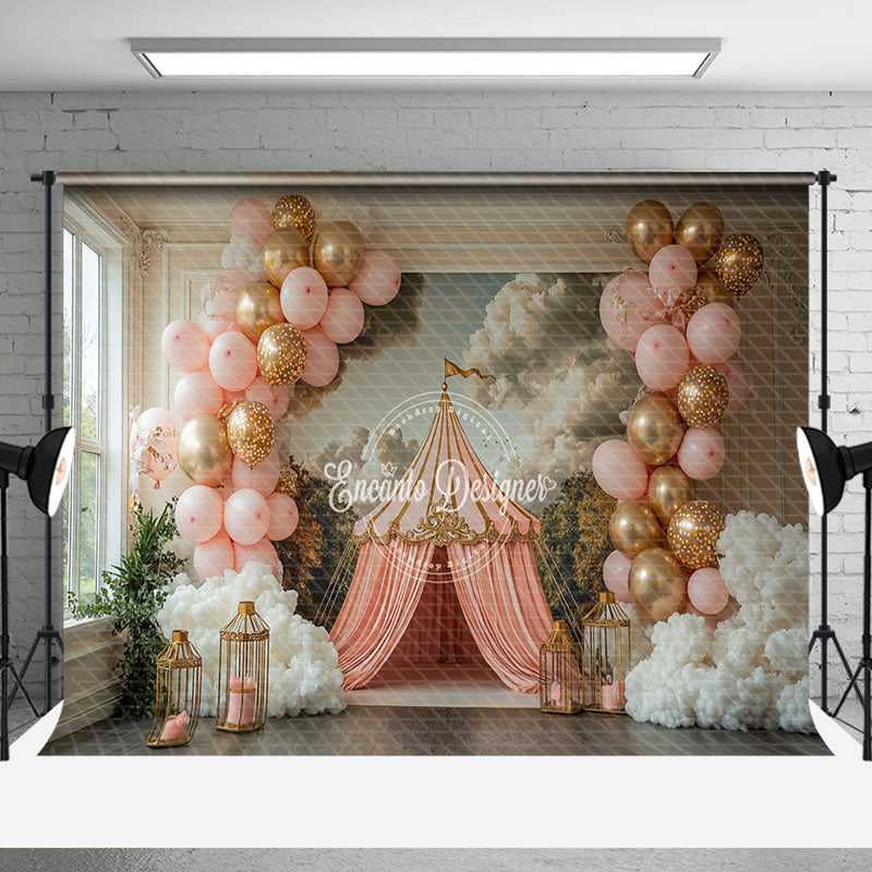 Aperturee - Aperturee Pink Luxury Tent Mural Balloons Cake Smash Backdrop