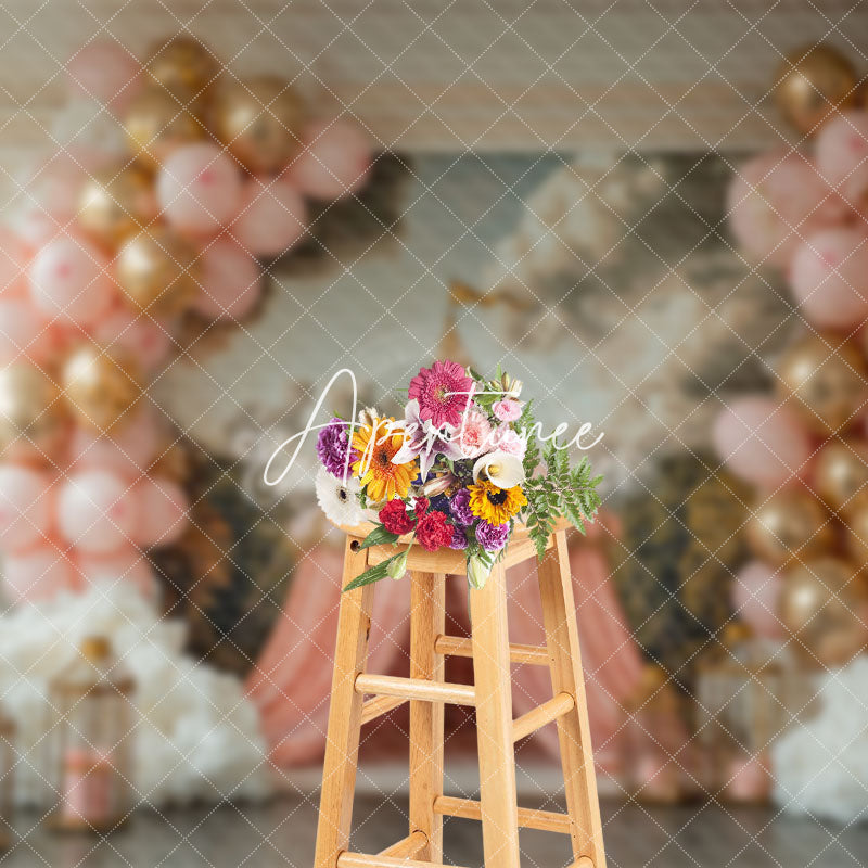 Aperturee - Aperturee Pink Luxury Tent Mural Balloons Cake Smash Backdrop