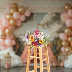 Aperturee - Aperturee Pink Luxury Tent Mural Balloons Cake Smash Backdrop