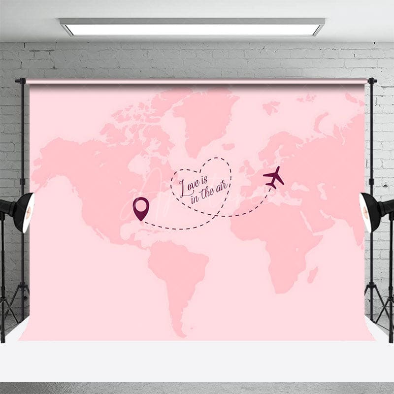 Aperturee - Aperturee Pink Map Airplane Love Is In The Air Wedding Backdrop