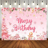 Aperturee - Aperturee Pink Merry Birthday Backdrop Christmas Tree Gingerbread Man Background for Girl Winter Xmas Birthday Party Decoration