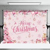 Aperturee - Aperturee Pink Merry Christmas Backdrop Winter Xmas Tree Gift Box Background for Party Poinsettia Snowflake Photo Booth Prop