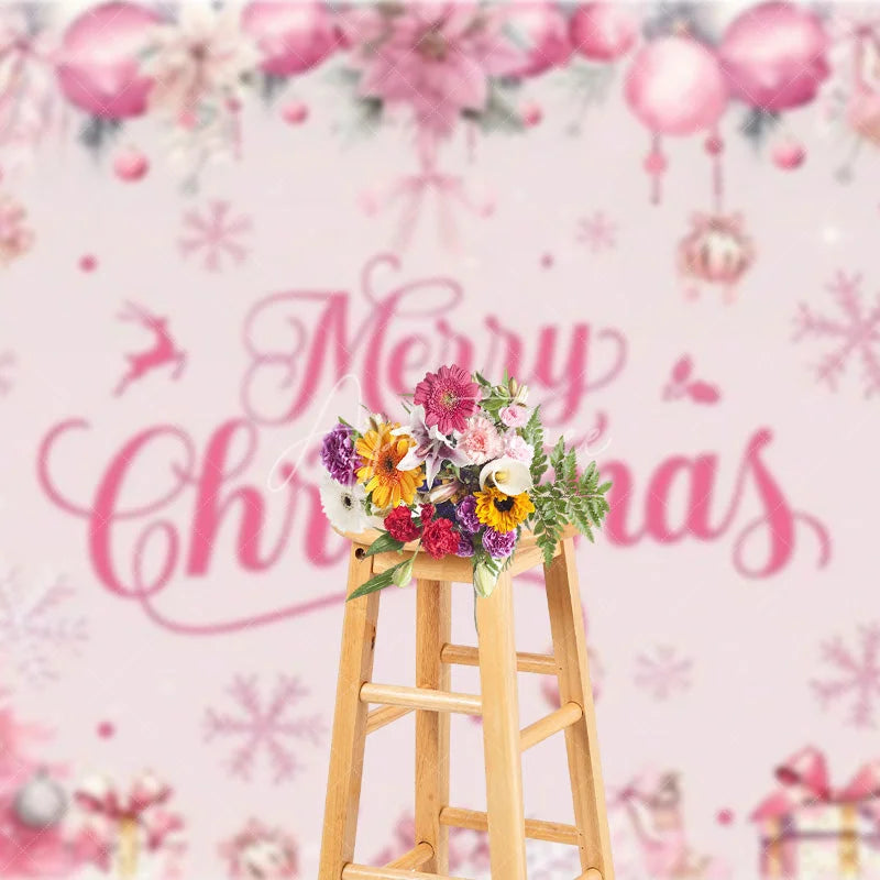 Aperturee - Aperturee Pink Merry Christmas Backdrop Winter Xmas Tree Gift Box Background for Party Poinsettia Snowflake Photo Booth Prop