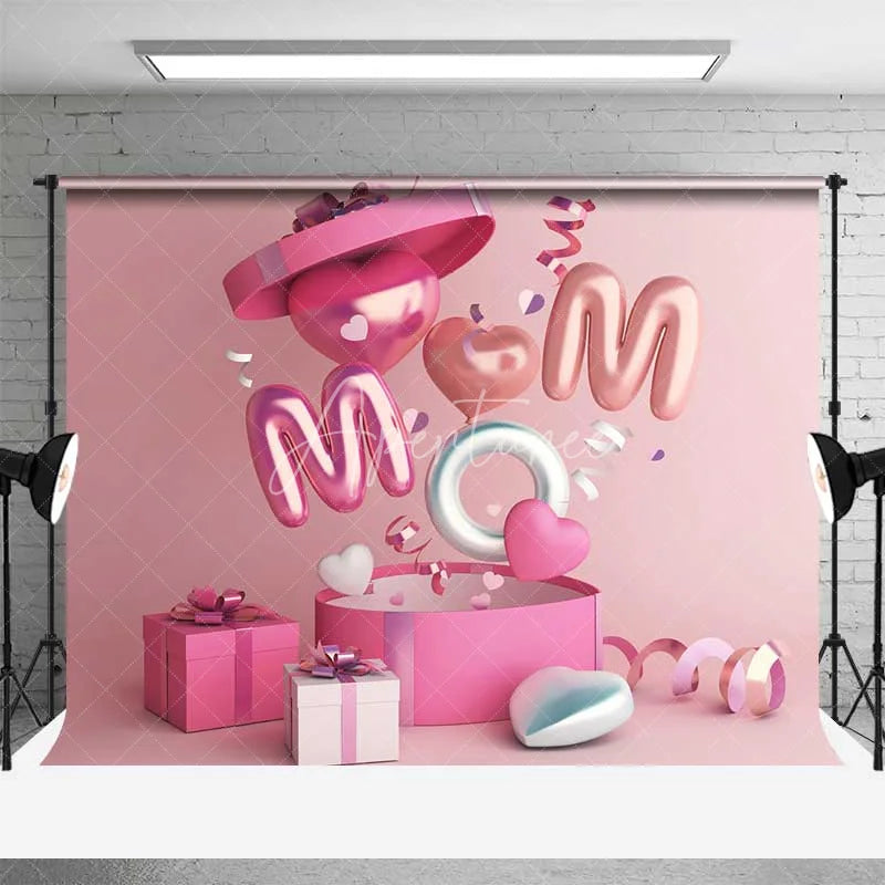 Aperturee - Aperturee Pink MOM Balloon Letters Hearts Combo Set Backdrop Gift Boxes Mother’s Day Banner for Celebration Party