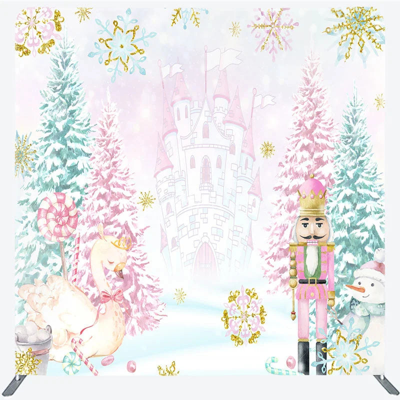 Aperturee - Aperturee Pink Nutcracker Tension Fabric Backdrop Winter Castle Swan Decoration Christmas Ballet Background