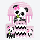 Aperturee - Aperturee Pink Panda Baby Girl Birthday Round Backdrop Kit Polka Dot Chevron Party Decor