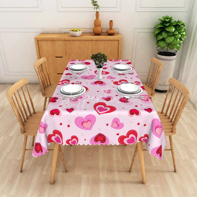 Aperturee - Aperturee Pink Patterned Heart Rectangle Tablecloth Cute Love Shape Table Cover Valentine Day Home Dining Decor
