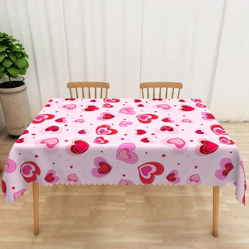 Aperturee - Aperturee Pink Patterned Heart Rectangle Tablecloth Cute Love Shape Table Cover Valentine Day Home Dining Decor