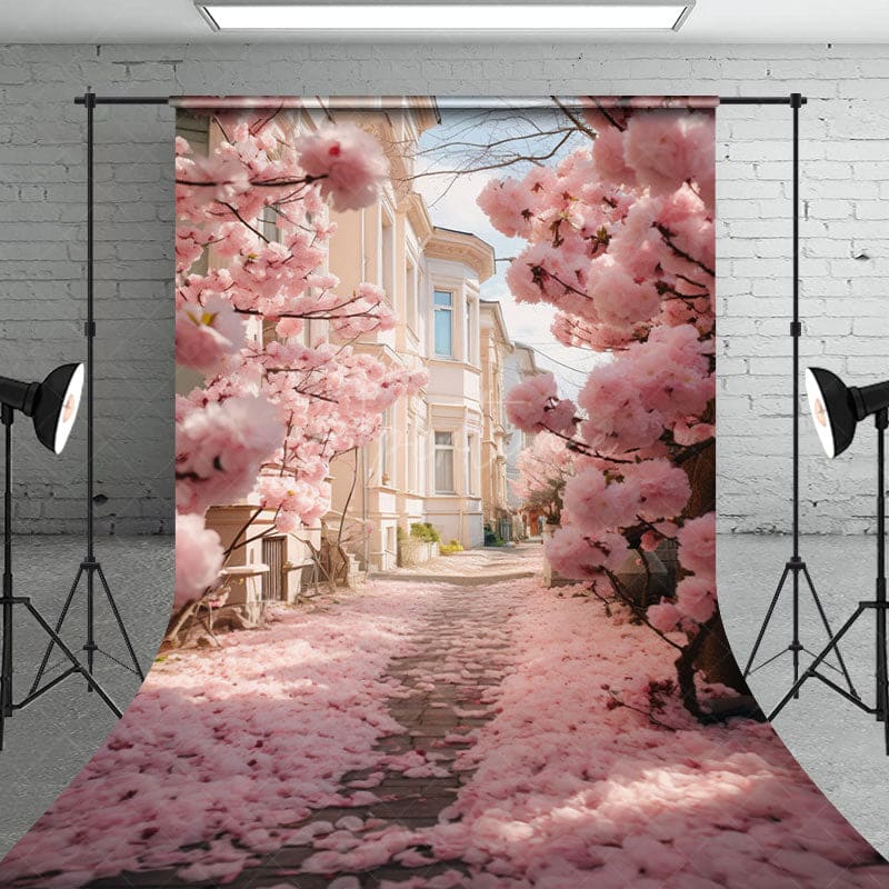 Aperturee - Aperturee Pink Peach Blossom Path House Spring Photo Backdrop