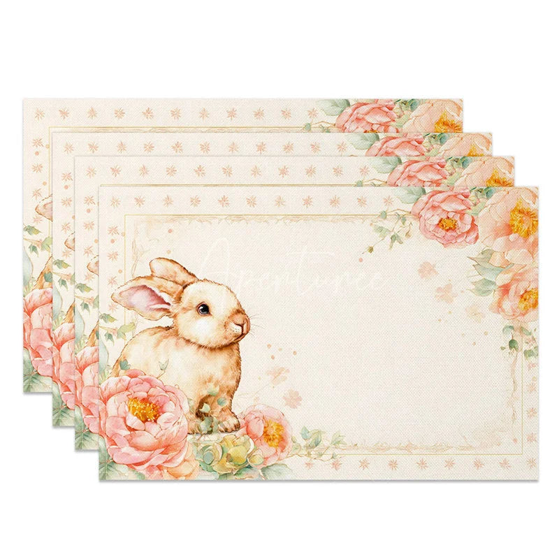 Aperturee - Aperturee Pink Peony Easter Bunny Set of 4 Placemats Star Pattern Rabbit Spring Table Mats for Party