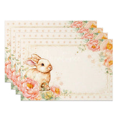 Aperturee - Aperturee Pink Peony Easter Bunny Set of 4 Placemats Star Pattern Rabbit Spring Table Mats for Party
