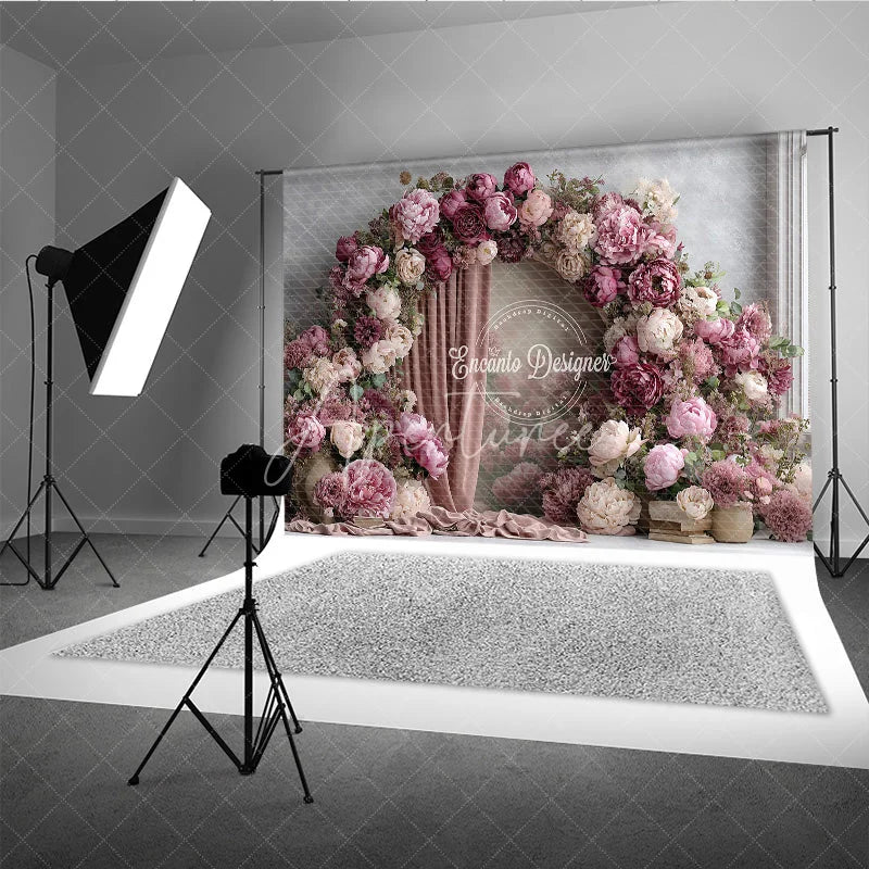 Aperturee - Aperturee Pink Peony Floral Arch Photography Backdrop Elegant Wedding or Bridal Shower Pink Curtain Photo Background