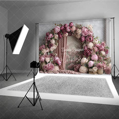 Aperturee - Aperturee Pink Peony Floral Arch Photography Backdrop Elegant Wedding or Bridal Shower Pink Curtain Photo Background