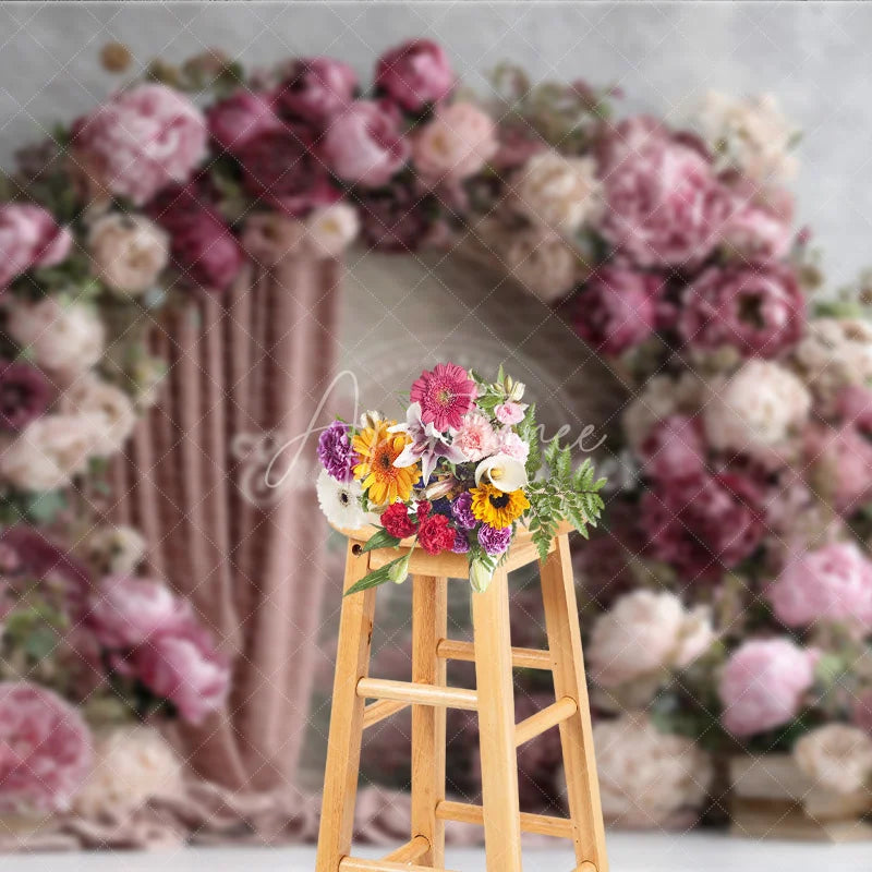 Aperturee - Aperturee Pink Peony Floral Arch Photography Backdrop Elegant Wedding or Bridal Shower Pink Curtain Photo Background