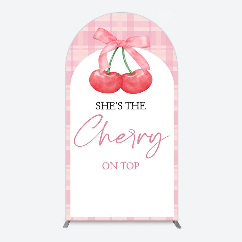 Aperturee - Aperturee Pink Plaid Bow Cherry On Top Bridal Shower Arch Backdrop