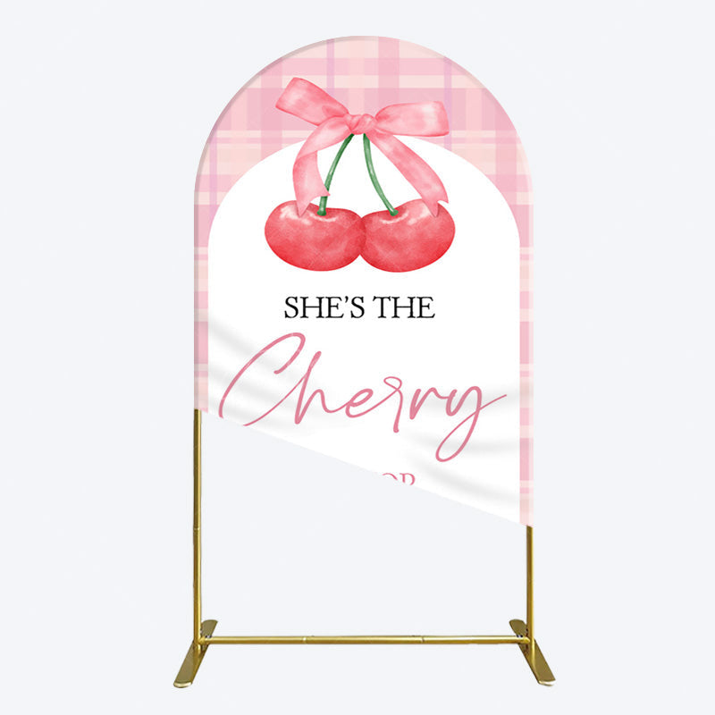 Aperturee - Aperturee Pink Plaid Bow Cherry On Top Bridal Shower Arch Backdrop