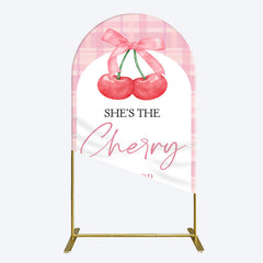 Aperturee - Aperturee Pink Plaid Bow Cherry On Top Bridal Shower Arch Backdrop