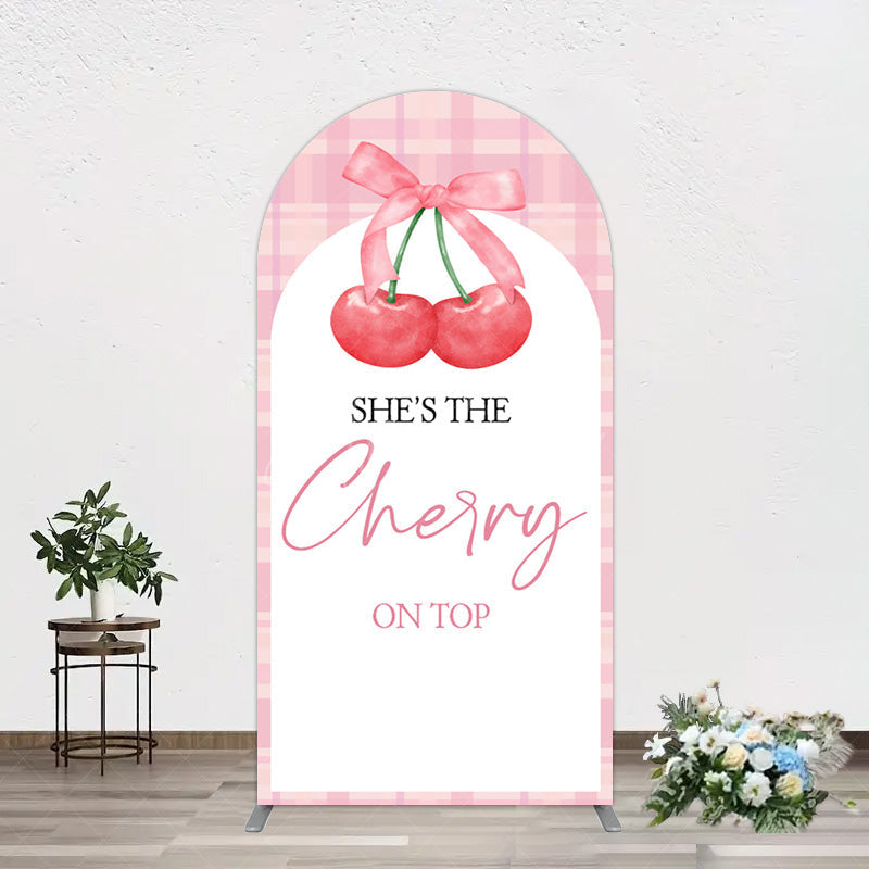 Aperturee - Aperturee Pink Plaid Bow Cherry On Top Bridal Shower Arch Backdrop