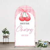 Aperturee - Aperturee Pink Plaid Bow Cherry On Top Bridal Shower Arch Backdrop