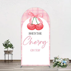 Aperturee - Aperturee Pink Plaid Bow Cherry On Top Bridal Shower Arch Backdrop