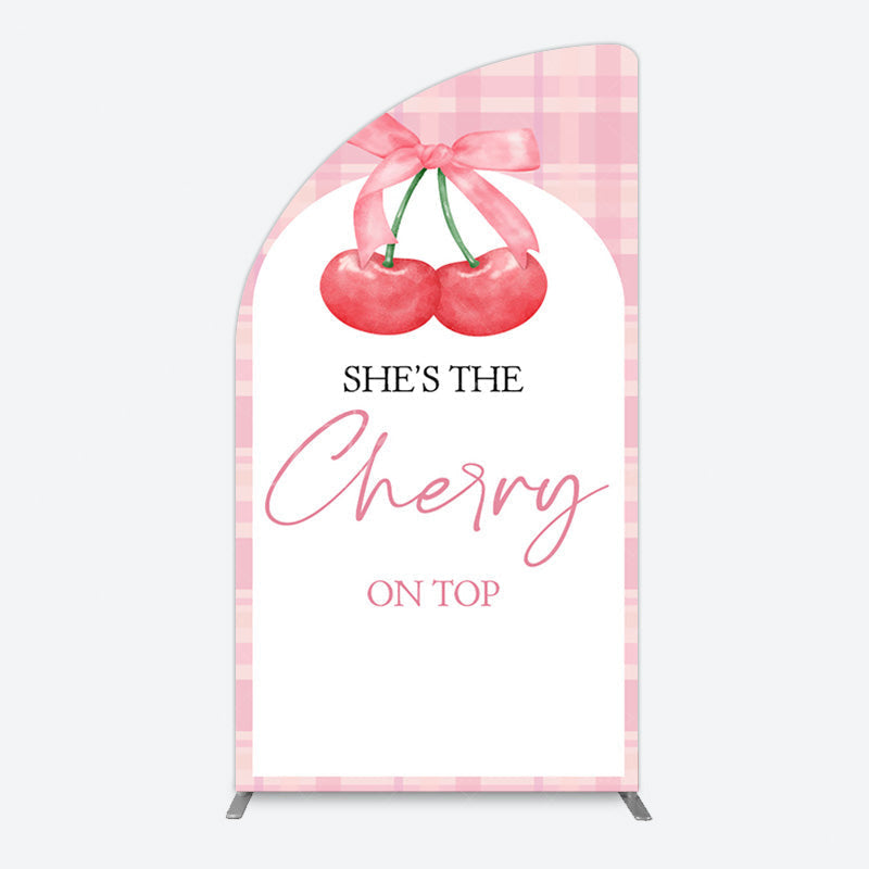 Aperturee - Aperturee Pink Plaid Bow Cherry On Top Bridal Shower Half Moon Arch Backdrop