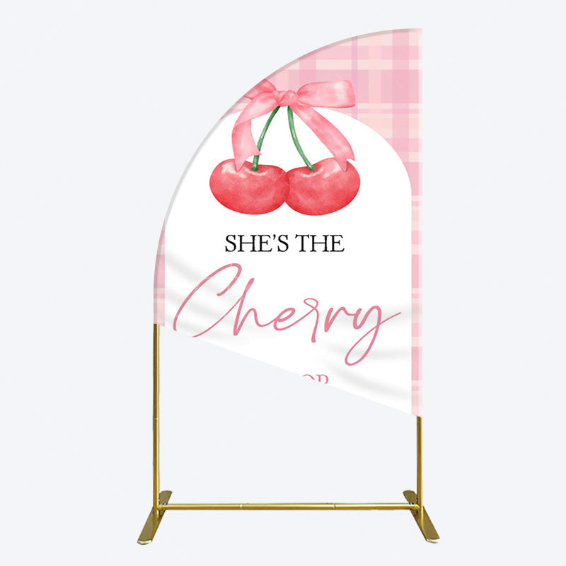 Aperturee - Aperturee Pink Plaid Bow Cherry On Top Bridal Shower Half Moon Arch Backdrop