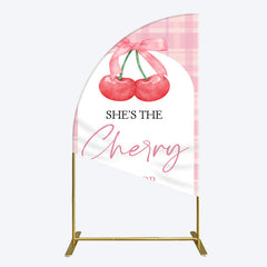 Aperturee - Aperturee Pink Plaid Bow Cherry On Top Bridal Shower Half Moon Arch Backdrop