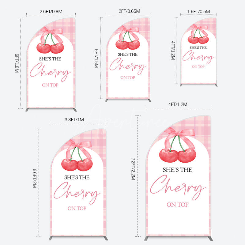 Aperturee - Aperturee Pink Plaid Bow Cherry On Top Bridal Shower Half Moon Arch Backdrop