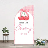 Aperturee - Aperturee Pink Plaid Bow Cherry On Top Bridal Shower Half Moon Arch Backdrop