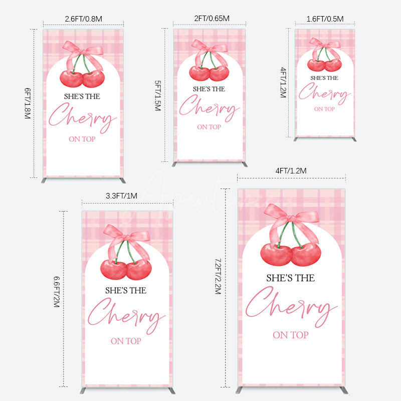 Aperturee - Aperturee Pink Plaid Bow Cherry On Top Bridal Shower Rectangle Backdrop