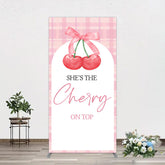 Aperturee - Aperturee Pink Plaid Bow Cherry On Top Bridal Shower Rectangle Backdrop