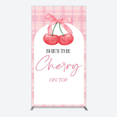 Aperturee - Aperturee Pink Plaid Bow Cherry On Top Bridal Shower Rectangle Backdrop