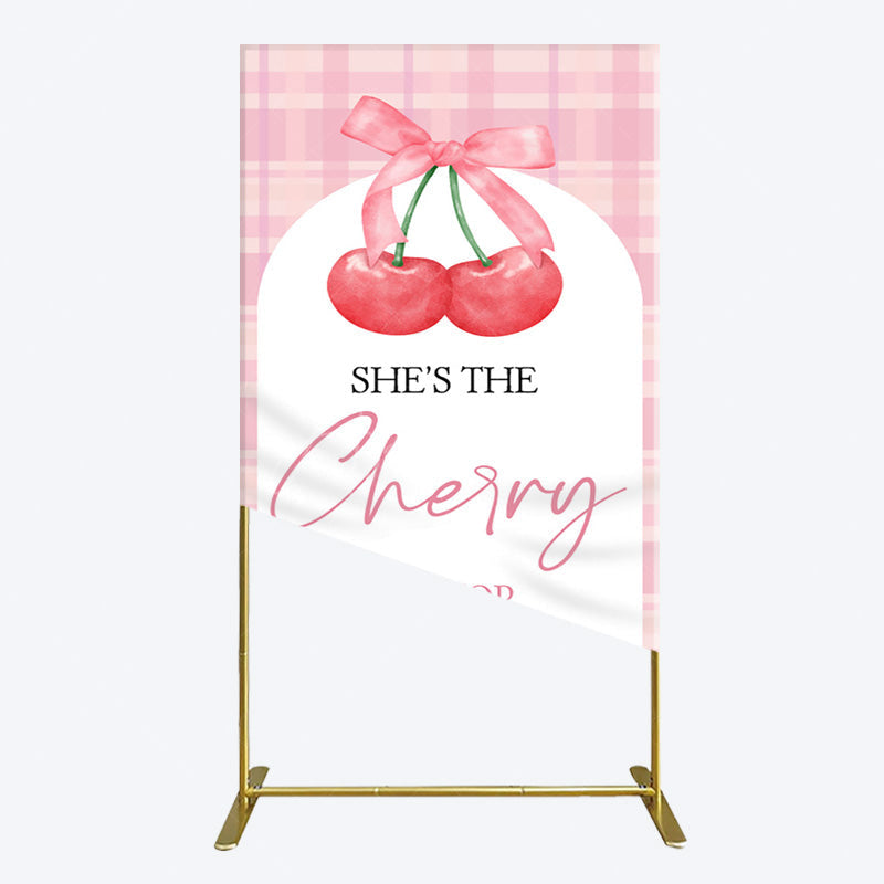 Aperturee - Aperturee Pink Plaid Bow Cherry On Top Bridal Shower Rectangle Backdrop
