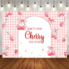 Aperturee - Aperturee Pink Plaid Red Cherry On Top Baby Shower Backdrop