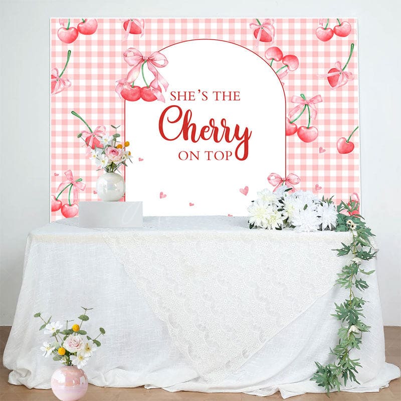 Aperturee - Aperturee Pink Plaid Red Cherry On Top Baby Shower Backdrop