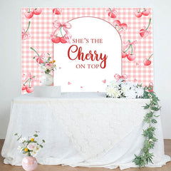 Aperturee - Aperturee Pink Plaid Red Cherry On Top Baby Shower Backdrop