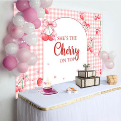 Aperturee - Aperturee Pink Plaid Red Cherry On Top Baby Shower Backdrop